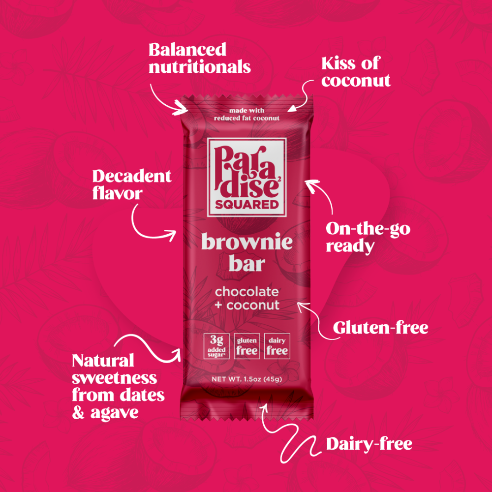 brownie bar chocolate coconut balanced nutritionals, kiss of coconut, decadent flavor, on-the-go ready, gluten-free, dairy-free, natural sweetness from dates and agave
