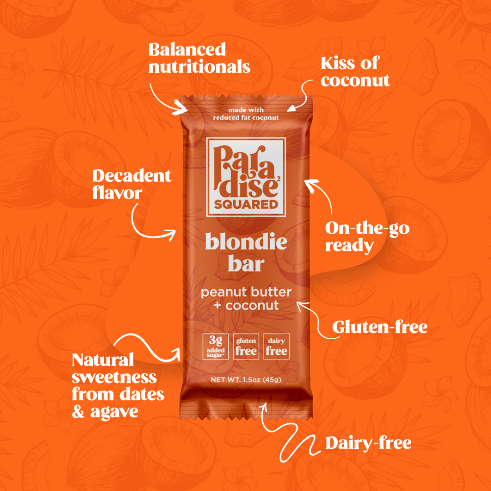 blondie bar peanut butter and coconut balanced nutritionals, kiss of coconut, on-the-go ready, gluten-free, dairy-free, natural sweetness from dates and agave, decadent flavor