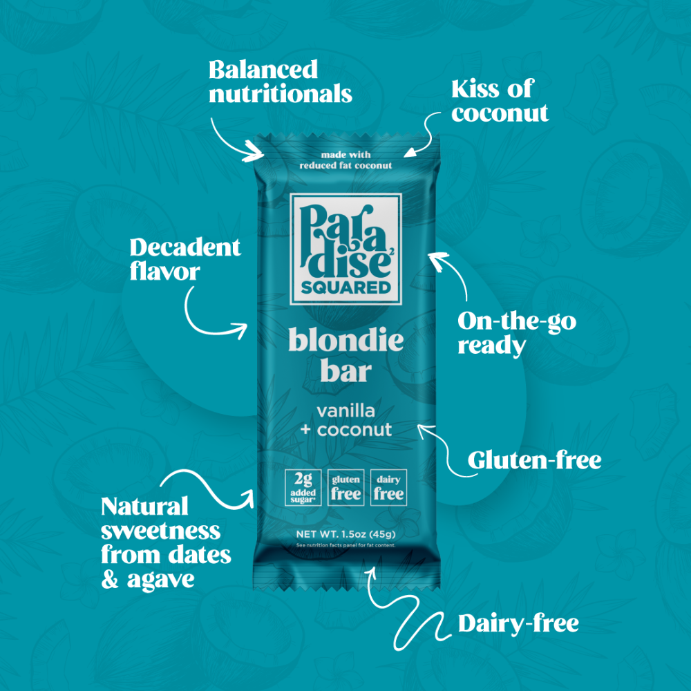 paradise squared blondie bar vanilla coconut balanced nutritionals, kiss of coconut, decadent flavor, on-the-go ready, gluten free, natural sweetness from dates and agave